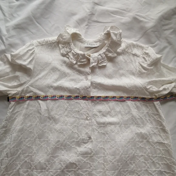 Sandro Jacquard Blouse Double S Logo Pleated Collar Puff Sleeves White 2 Medium - Picture 14 of 16